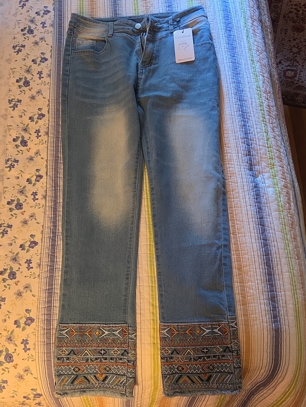 Women's Light Blue Embroidered Hem Jeans - Picture 1 of 7